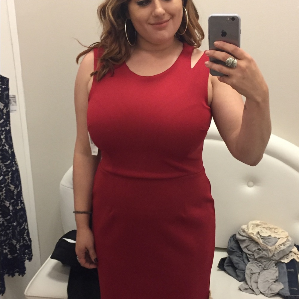 NWT Red bodycon knee length sheath w/cutout details at shoulder. - Picture 1 of 6